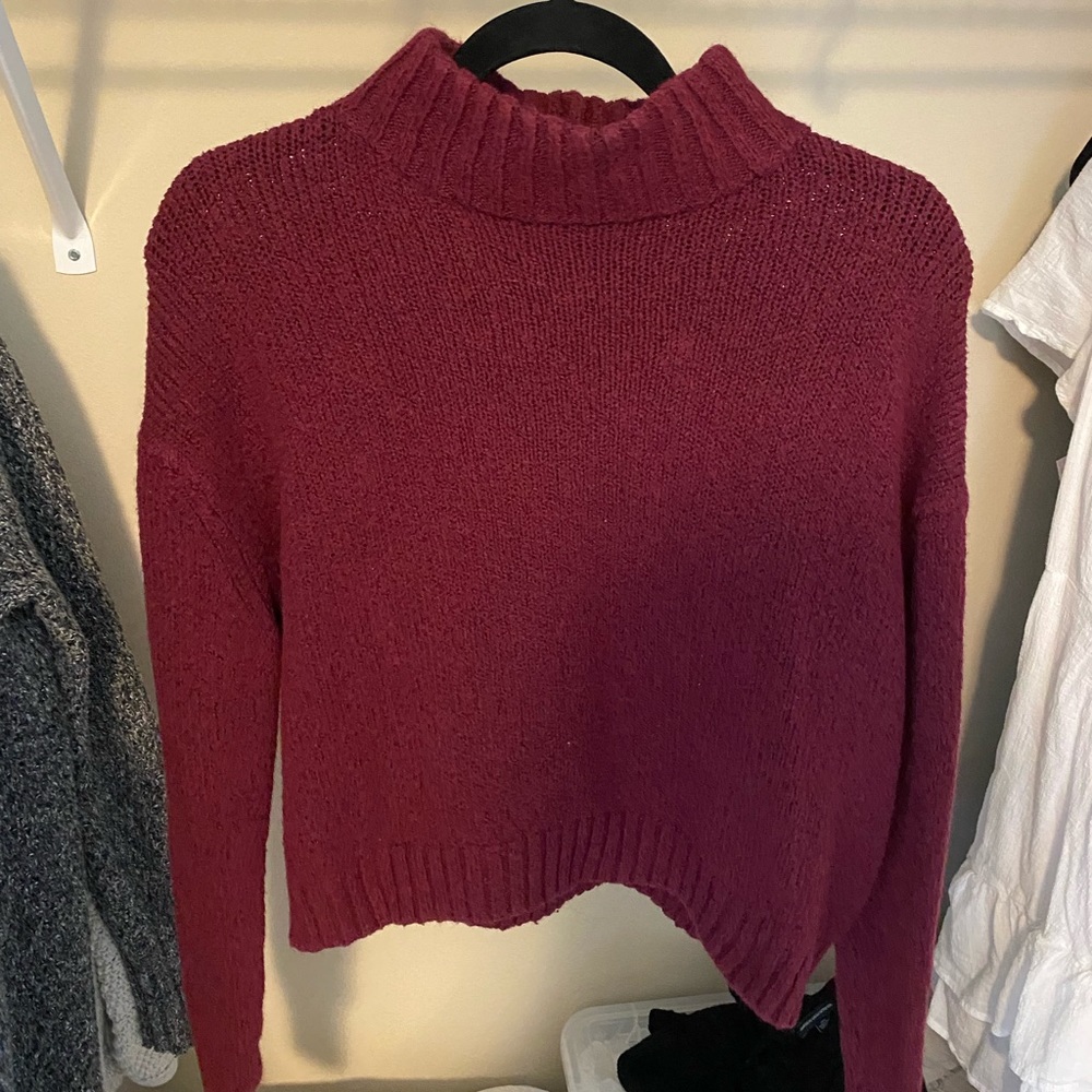 This is an American Eagle cropped sweater with a turtle neckline.